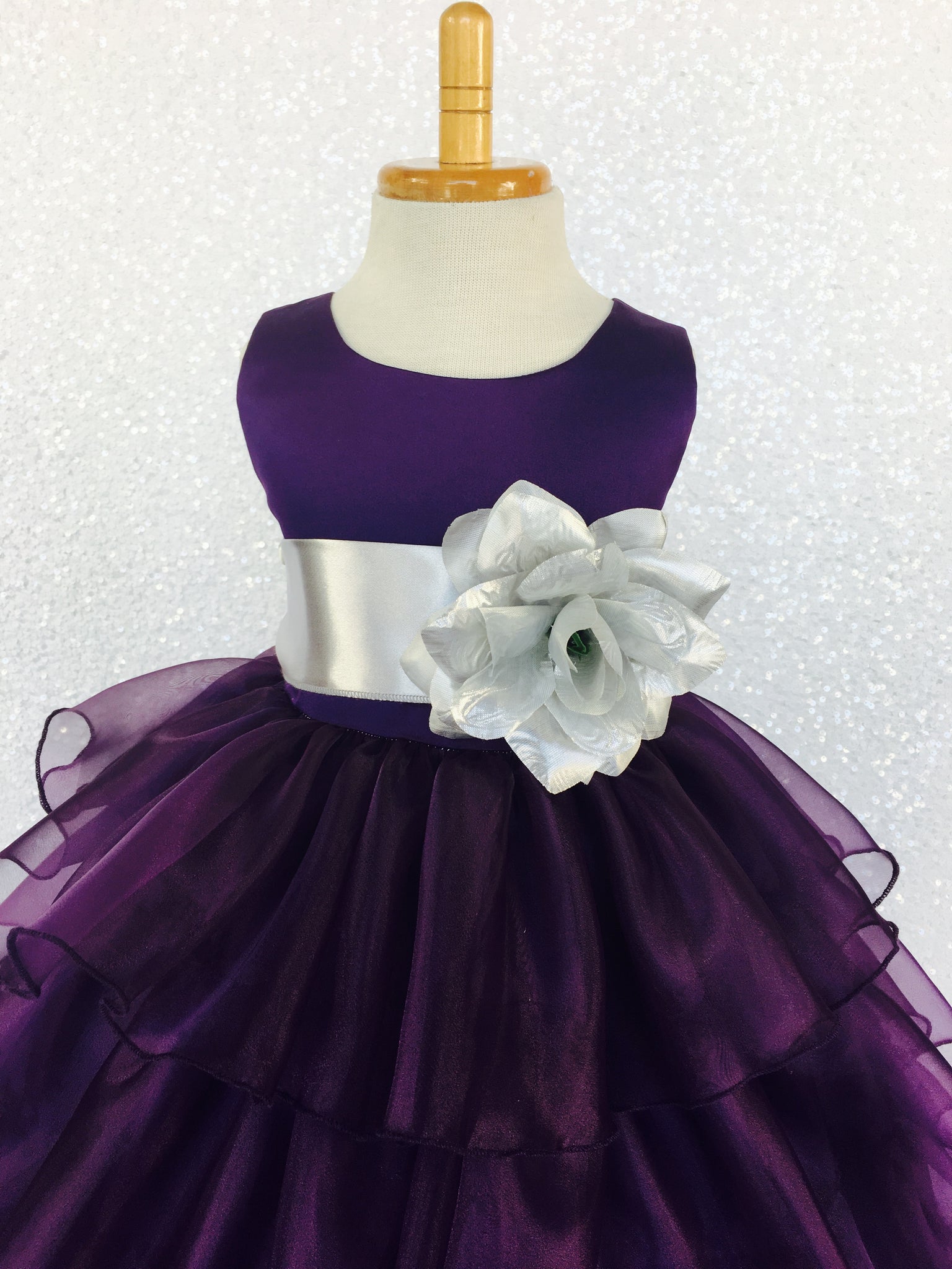 Sleeveless Satin Organza Ruffle Plum Dress Silver Sash Flower