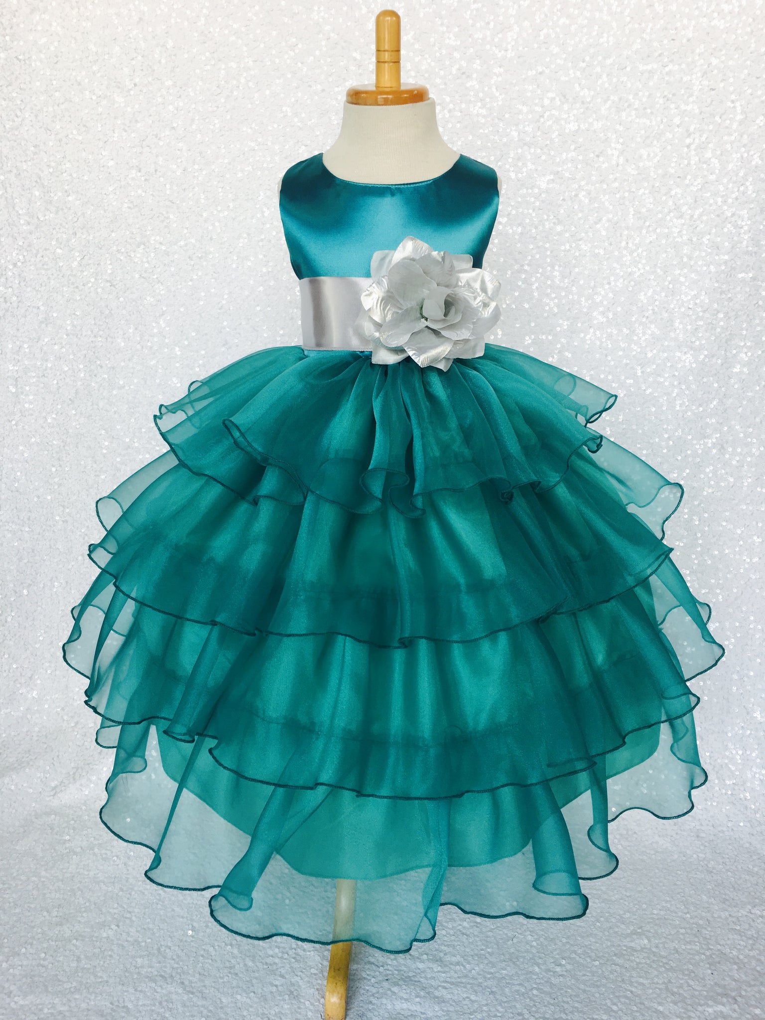 Teal Organza Ruffle Sleeveless Satin Dress Purple Sash Flower