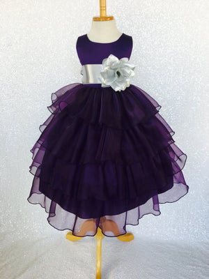 Sleeveless Satin Organza Ruffle Plum Dress Silver Sash Flower