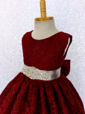 Burgundy French Lace V-Back Sleeveless Dress Bow Rhinestone White Sash