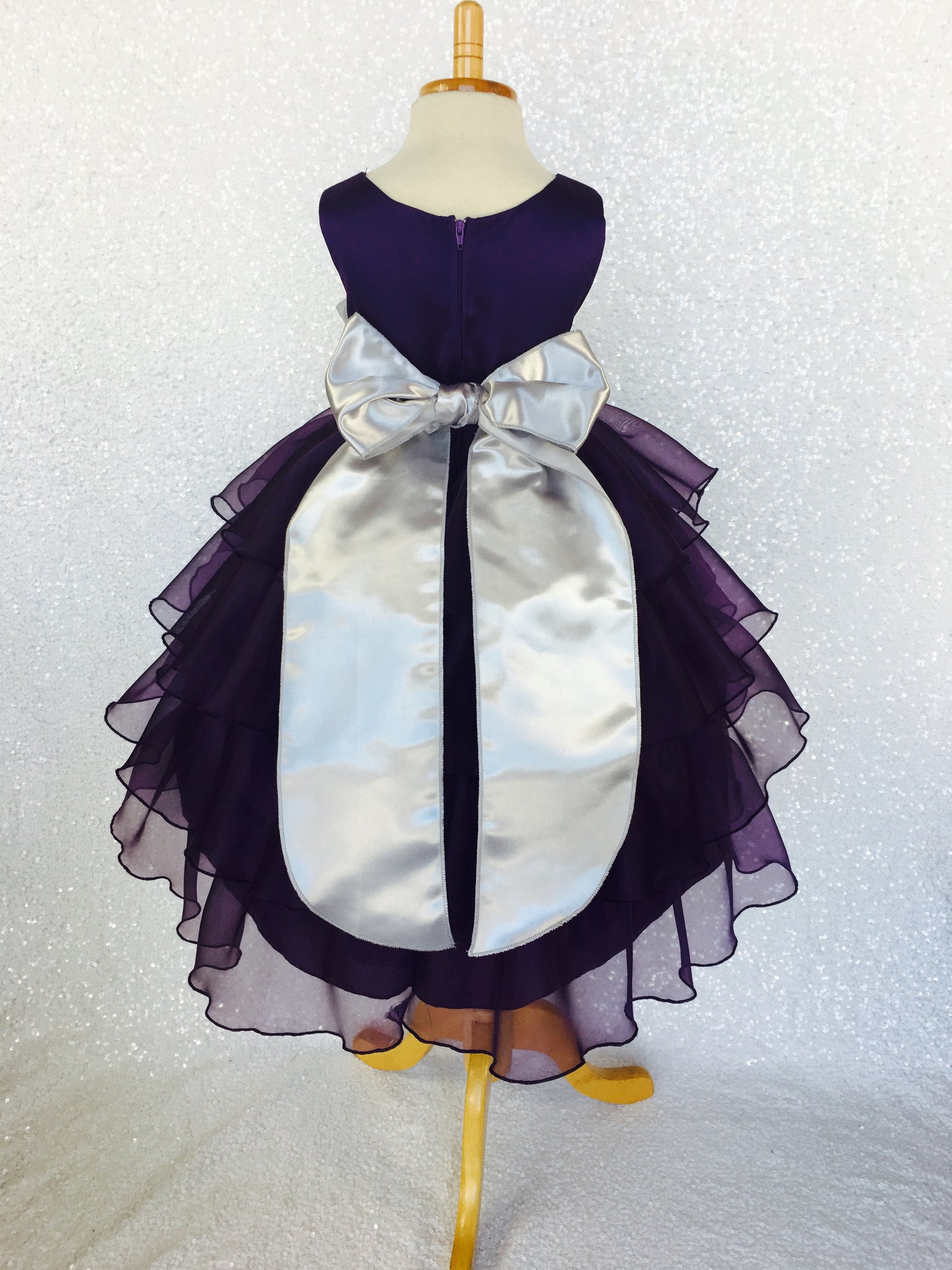 Sleeveless Satin Organza Ruffle Plum Dress Silver Sash Flower