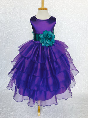 Purple Sleeveless Satin Organza Ruffle Dress Pink Flower Sash