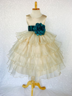 Champagne Sleeveless Satin Organza Ruffle Dress