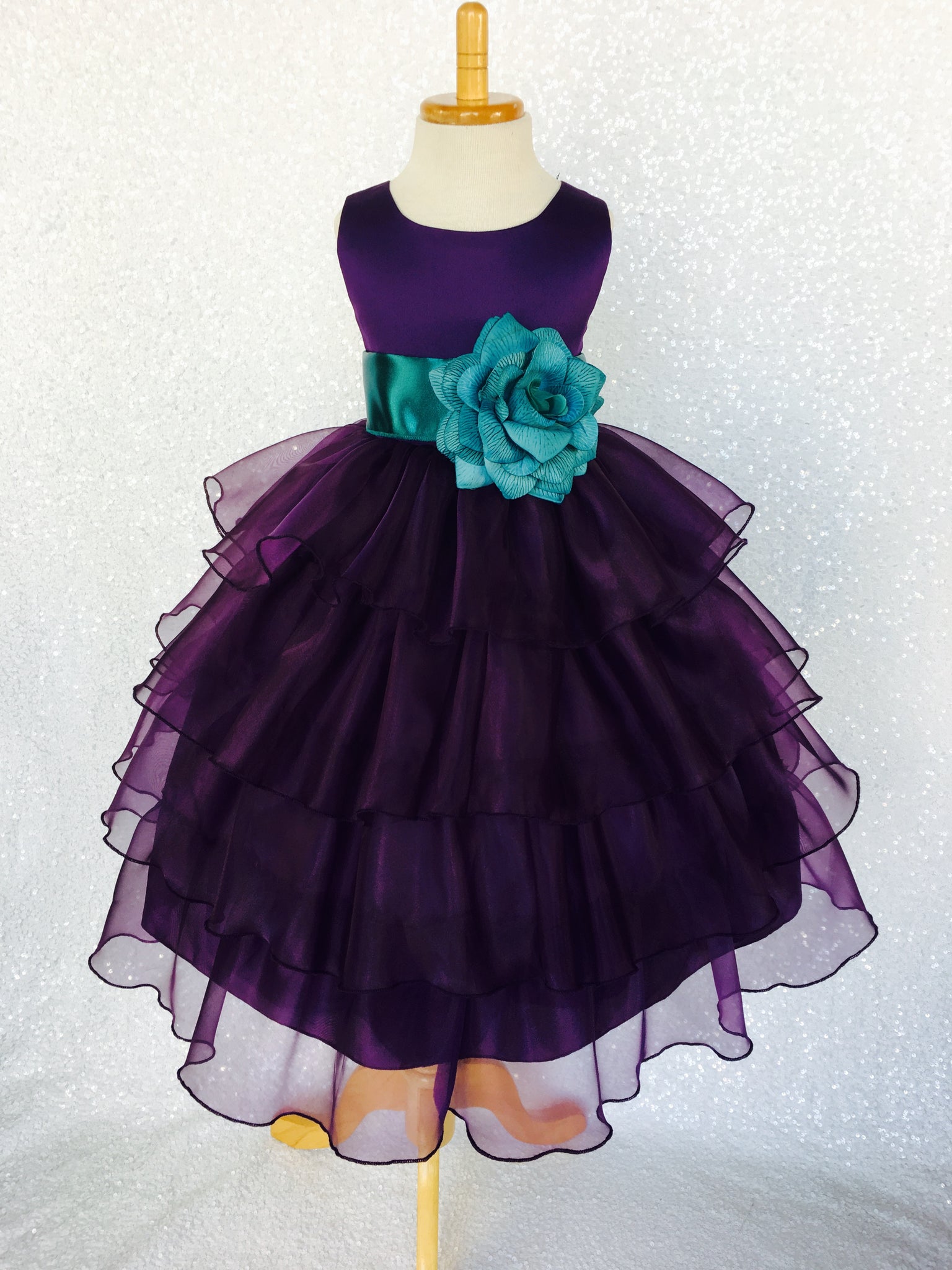 Sleeveless Satin Organza Ruffle Plum Dress Silver Sash Flower