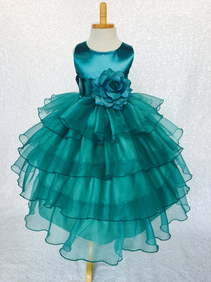 Teal Organza Ruffle Sleeveless Satin Dress