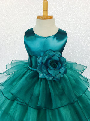 Teal Organza Ruffle Sleeveless Satin Dress