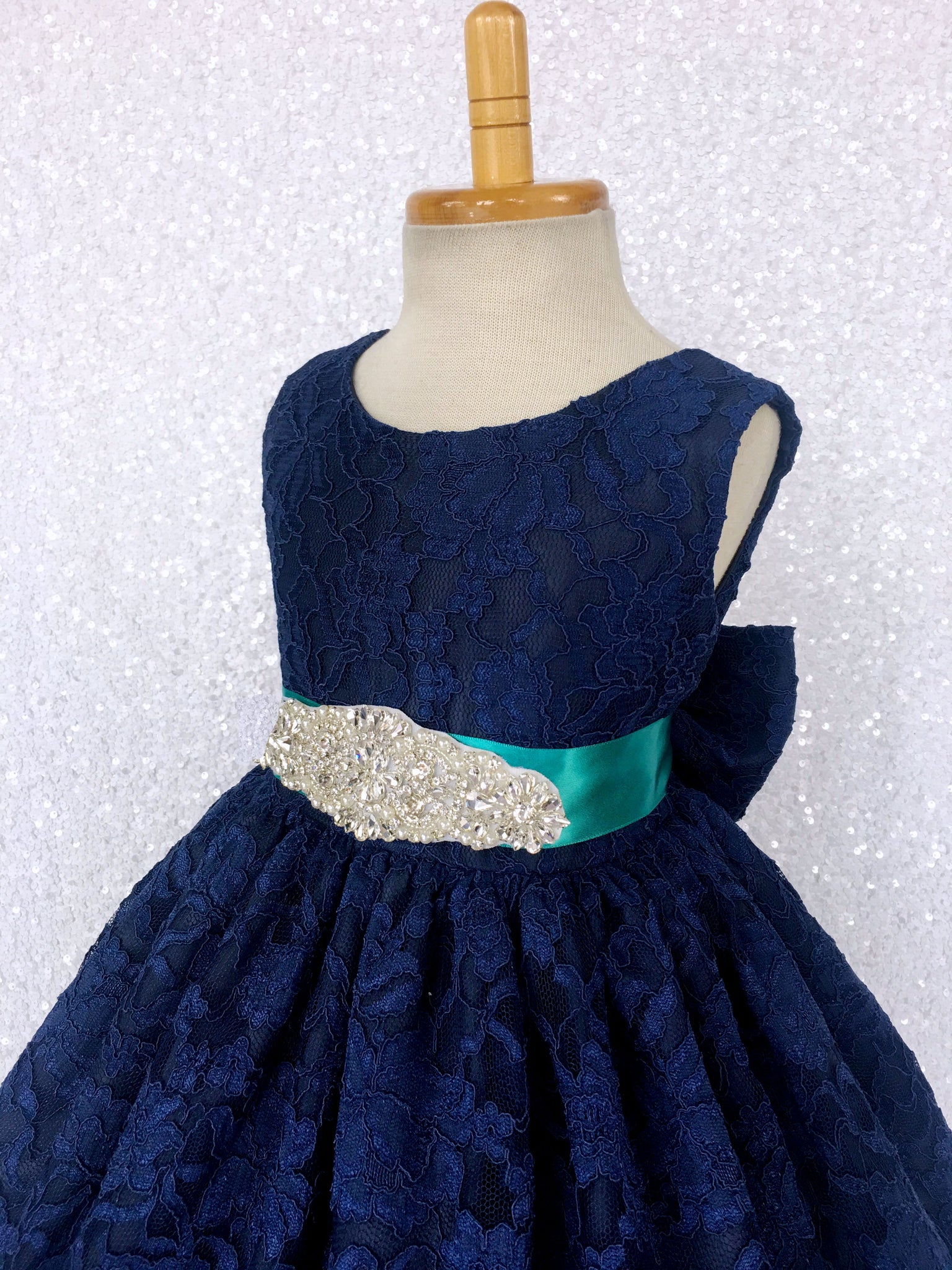 Navy French Lace V-Back Sleeveless Dress Bow White Rhinestone Sash