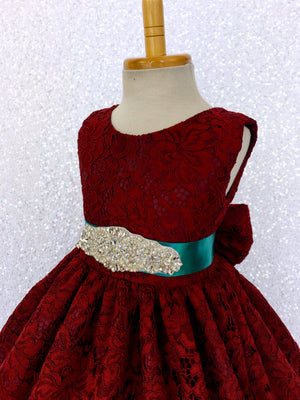 Burgundy French Lace V-Back Sleeveless Dress Bow Rhinestone White Sash