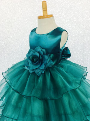 Teal Organza Ruffle Sleeveless Satin Dress