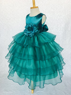 Teal Organza Ruffle Sleeveless Satin Dress