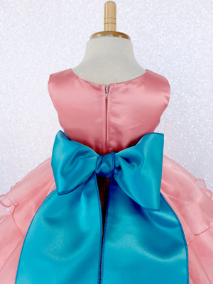 Coral Sleeveless Satin Organza Ruffle Dress Turquoise Sash Flower