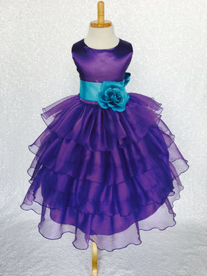 Purple Sleeveless Satin Organza Ruffle Dress Pink Flower Sash