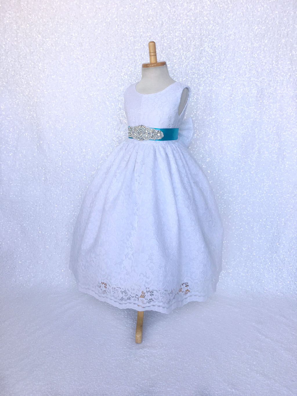 White French Lace V-Back Sleeveless Dress Rhinestone Bow Turquoise Sash