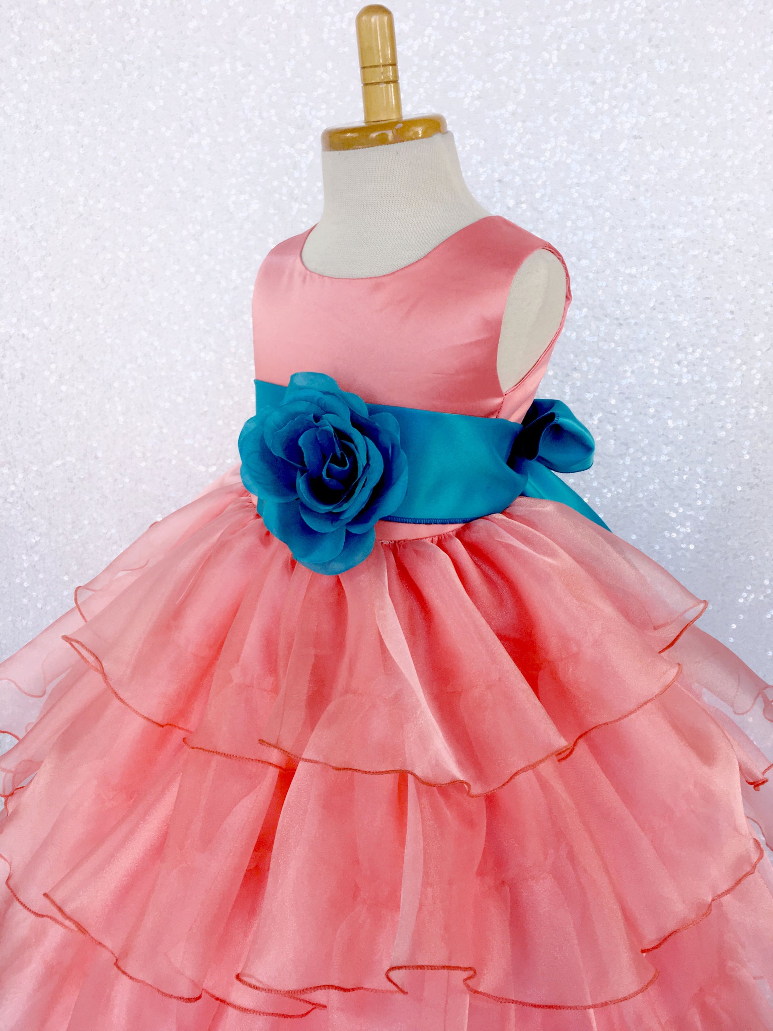 Coral Sleeveless Satin Organza Ruffle Dress Turquoise Sash Flower