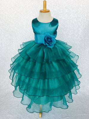 Teal Organza Ruffle Sleeveless Satin Dress Purple Sash Flower