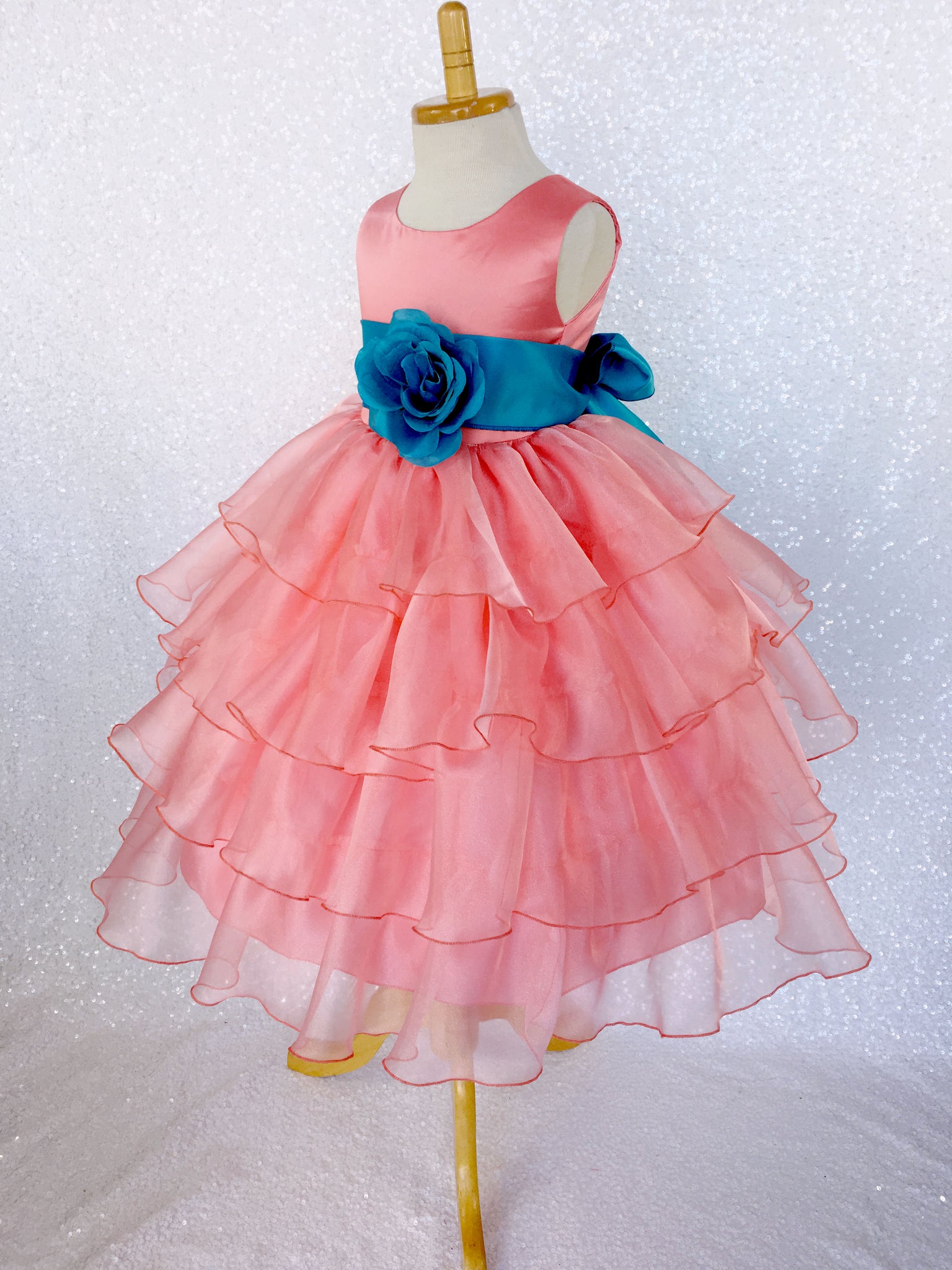 Coral Sleeveless Satin Organza Ruffle Dress Turquoise Sash Flower