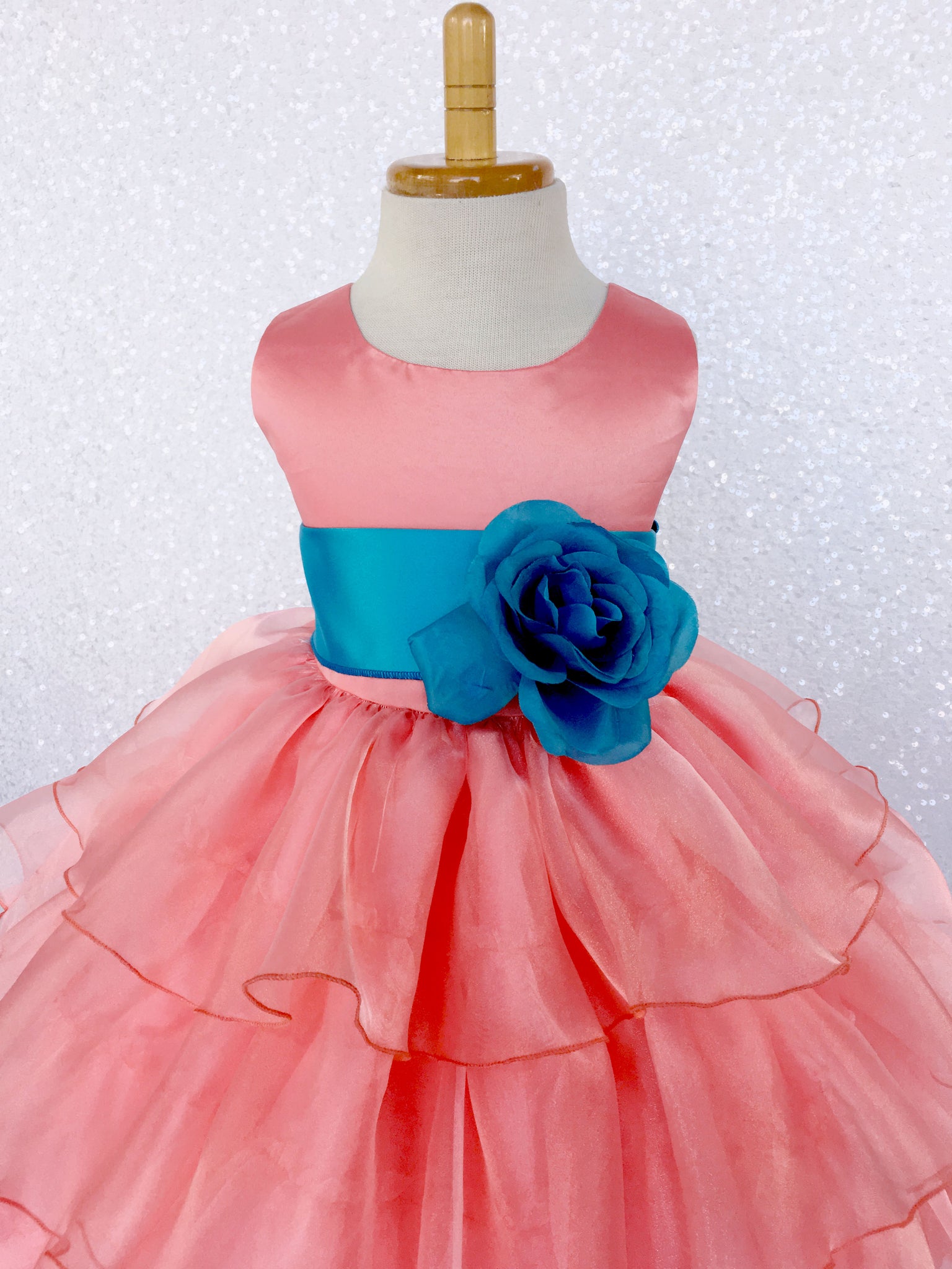 Coral Sleeveless Satin Organza Ruffle Dress Turquoise Sash Flower