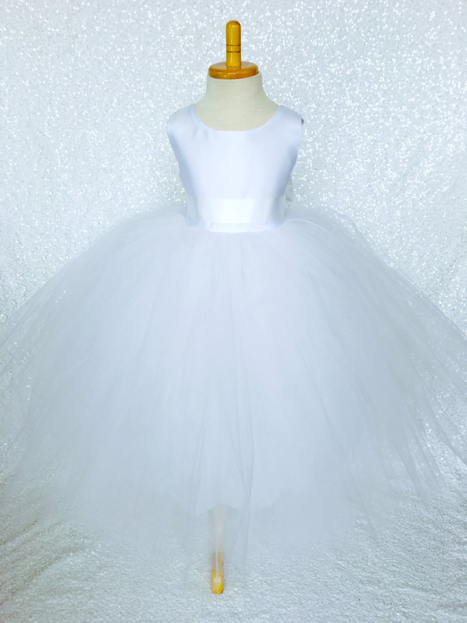 Sleeveless White 4 Layer Tulle Princess Dress Sequin Bow Ribbon