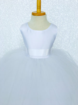 Sleeveless White 4 Layer Tulle Princess Dress Sequin Bow Ribbon