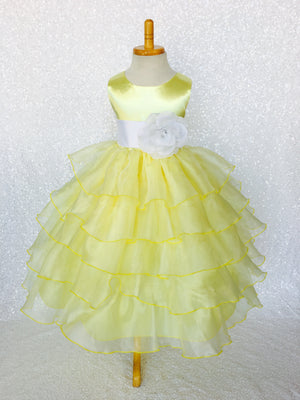 Canary Yellow Sleeveless Satin Organza Ruffle Dress