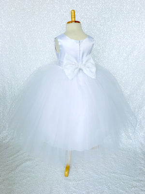 Sleeveless White 4 Layer Tulle Princess Dress Sequin Bow Ribbon