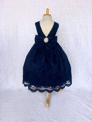 Navy French Lace V-Back Sleeveless Dress Bow White Rhinestone Sash