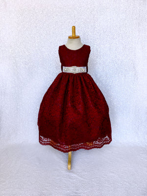 Burgundy French Lace V-Back Sleeveless Dress Bow Rhinestone White Sash