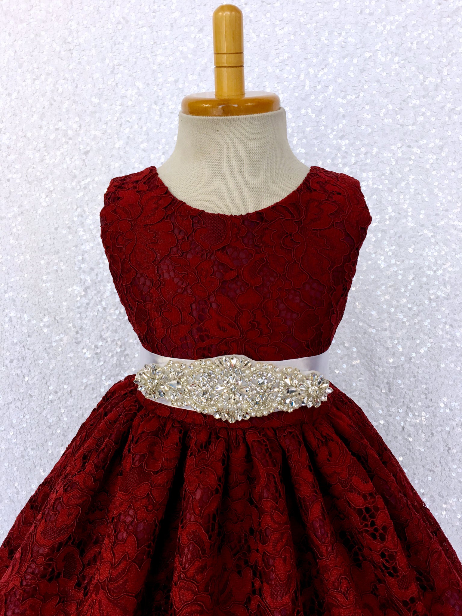 Burgundy French Lace V-Back Sleeveless Dress Bow Rhinestone White Sash