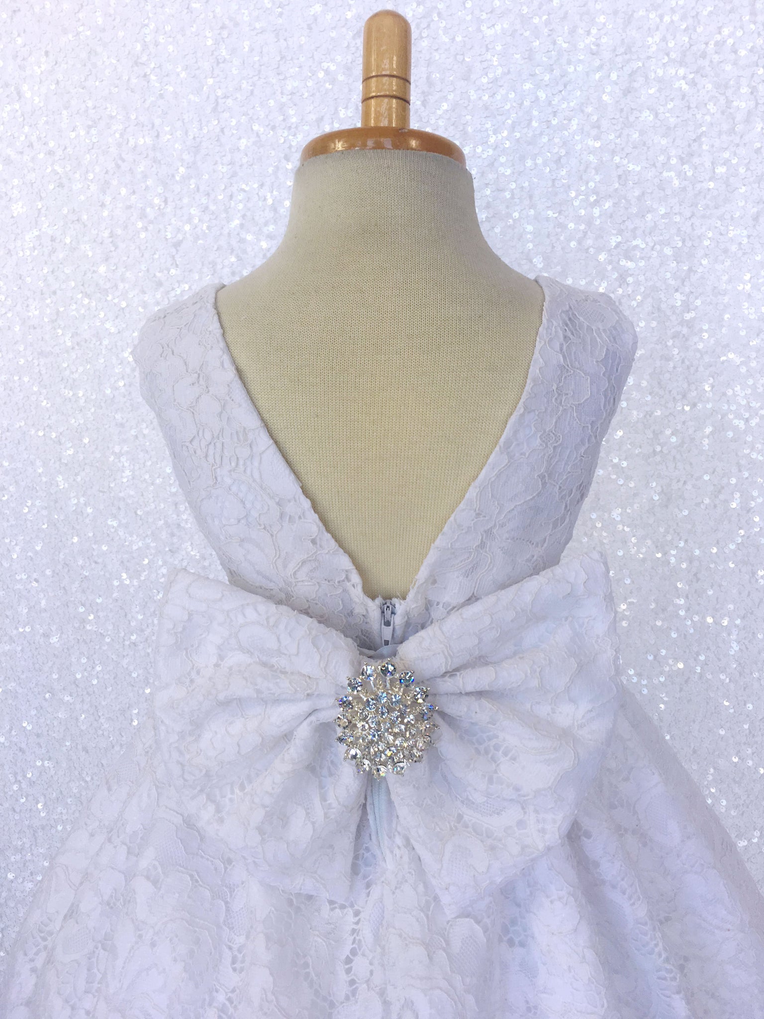 White French Lace V-Back Sleeveless Dress Rhinestone Sash Bow