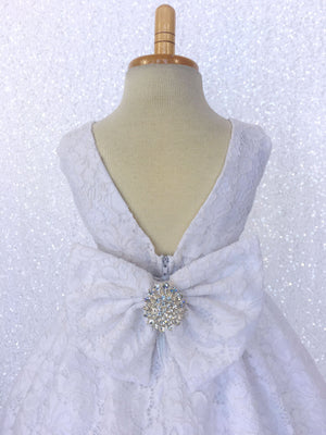 White French Lace V-Back Sleeveless Dress Rhinestone Sash Bow