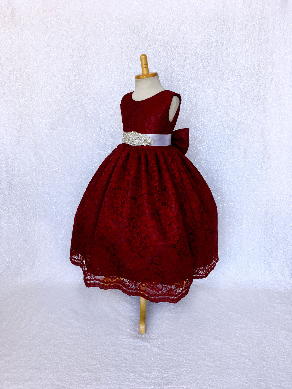 Burgundy French Lace V-Back Sleeveless Dress Bow Rhinestone White Sash