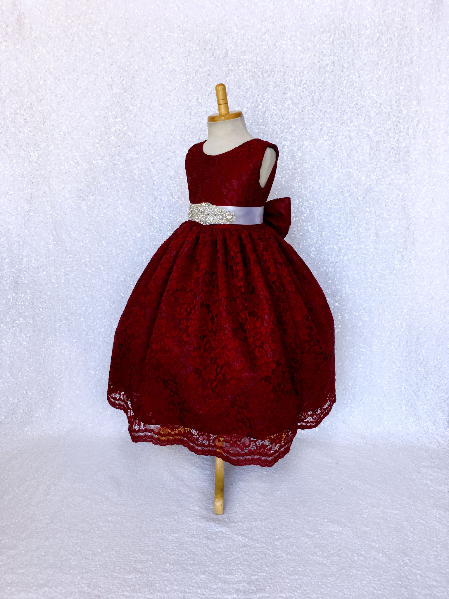 Burgundy French Lace V-Back Sleeveless Dress Bow Rhinestone White Sash