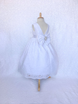 White French Lace V-Back Sleeveless Dress Rhinestone Sash Bow