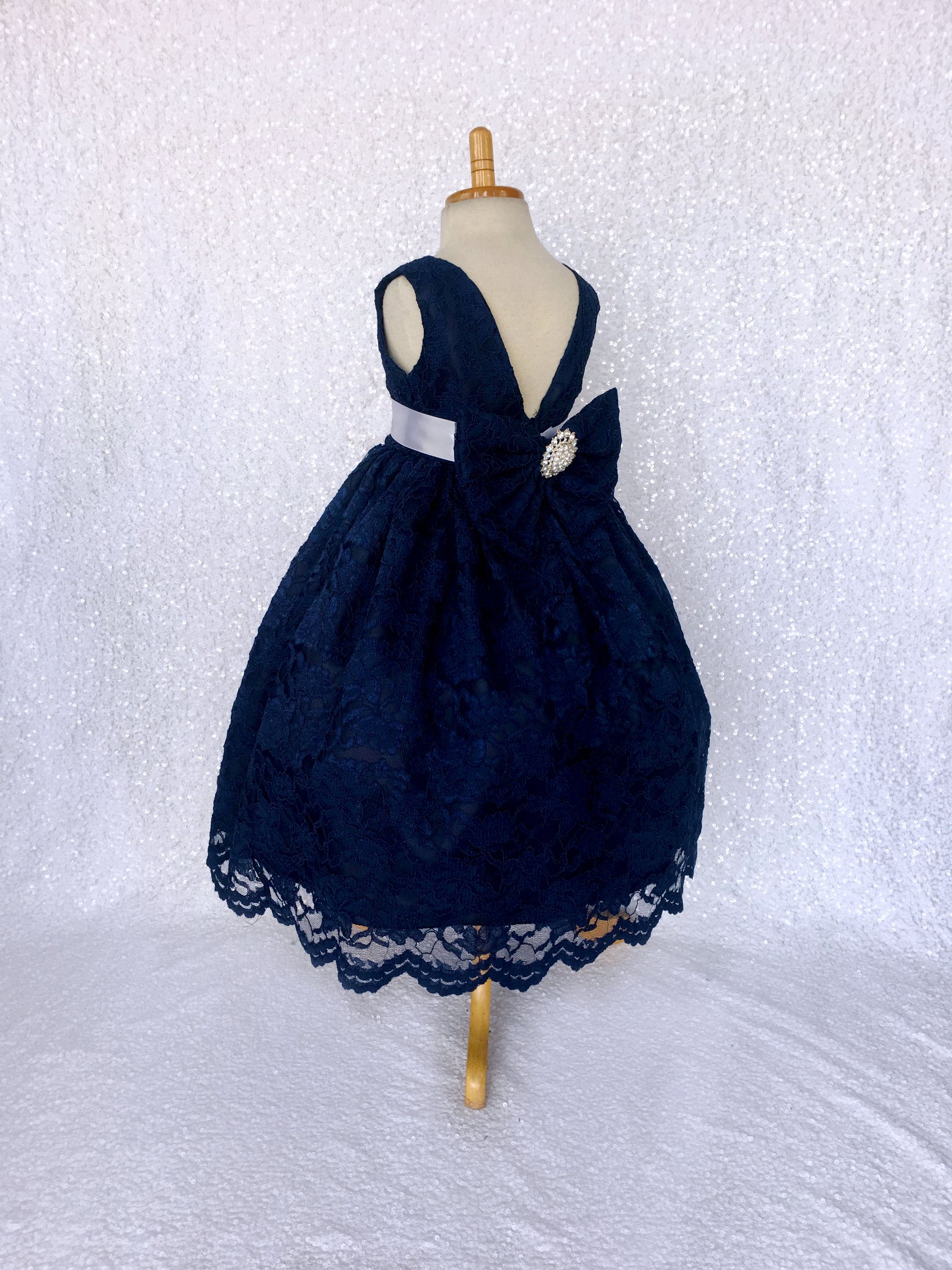 Navy French Lace V-Back Sleeveless Dress Bow White Rhinestone Sash