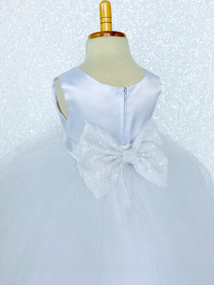 Sleeveless White 4 Layer Tulle Princess Dress Sequin Bow Ribbon