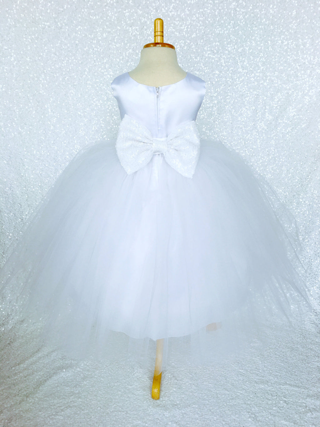 Sleeveless White 4 Layer Tulle Princess Dress Sequin Bow Ribbon