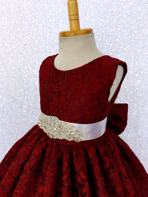 Burgundy French Lace V-Back Sleeveless Dress Bow Rhinestone White Sash