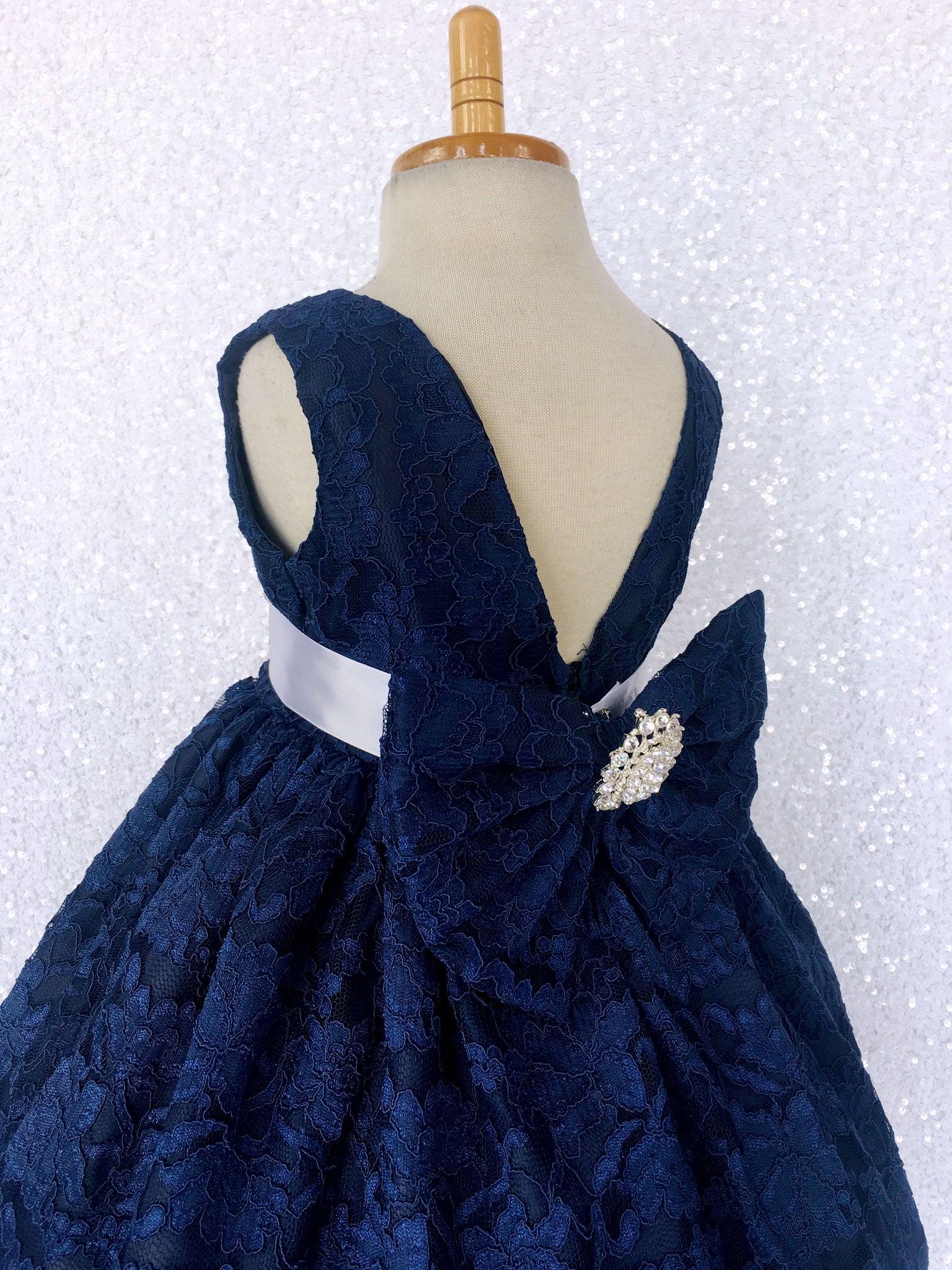 Navy French Lace V-Back Sleeveless Dress Bow White Rhinestone Sash