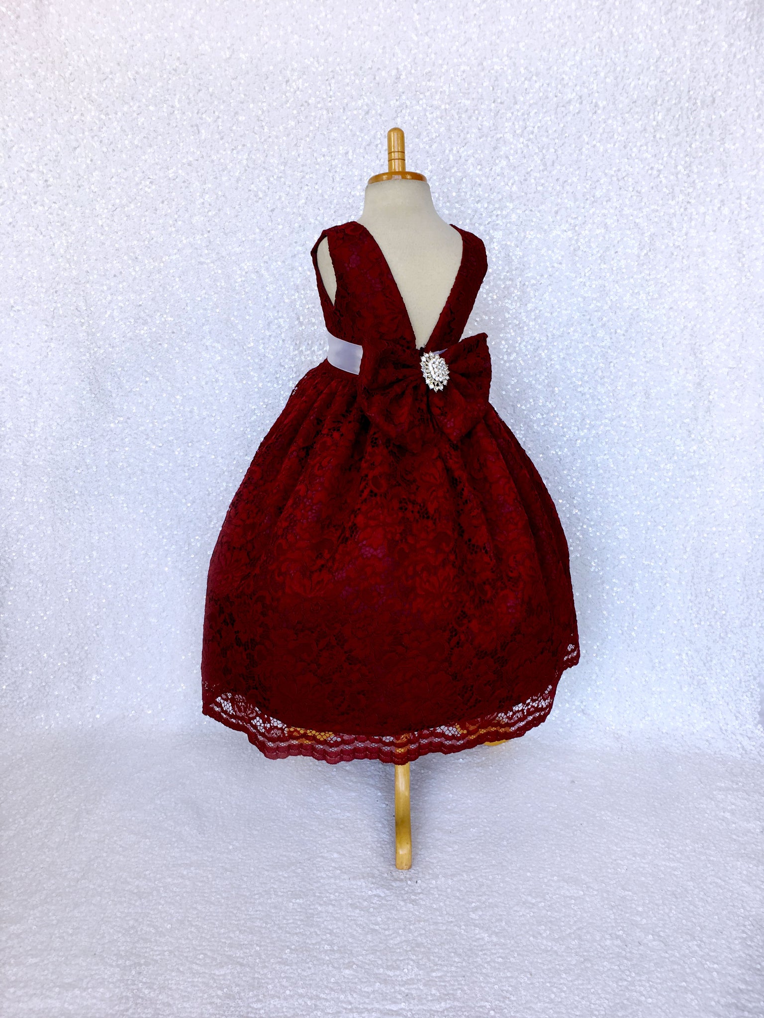 Burgundy French Lace V-Back Sleeveless Dress Bow Rhinestone White Sash