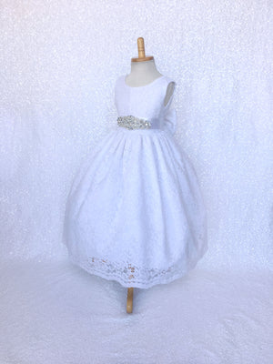 White French Lace V-Back Sleeveless Dress Rhinestone Sash Bow