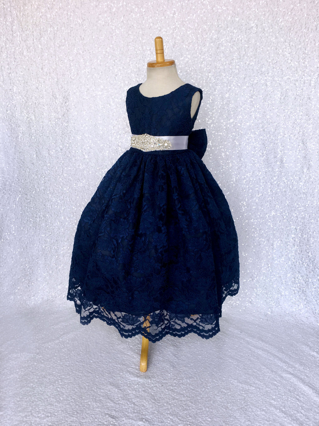 Navy French Lace V-Back Sleeveless Dress Bow White Rhinestone Sash