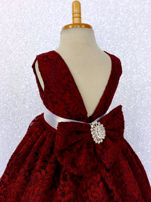 Burgundy French Lace V-Back Sleeveless Dress Bow Rhinestone White Sash