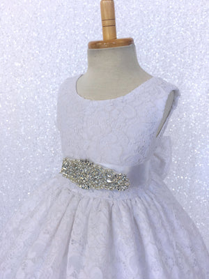 White French Lace V-Back Sleeveless Dress Rhinestone Sash Bow