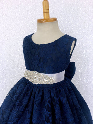 Navy French Lace V-Back Sleeveless Dress Bow White Rhinestone Sash