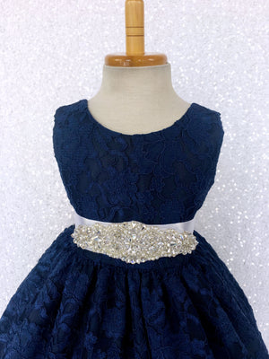 Navy French Lace V-Back Sleeveless Dress Bow White Rhinestone Sash