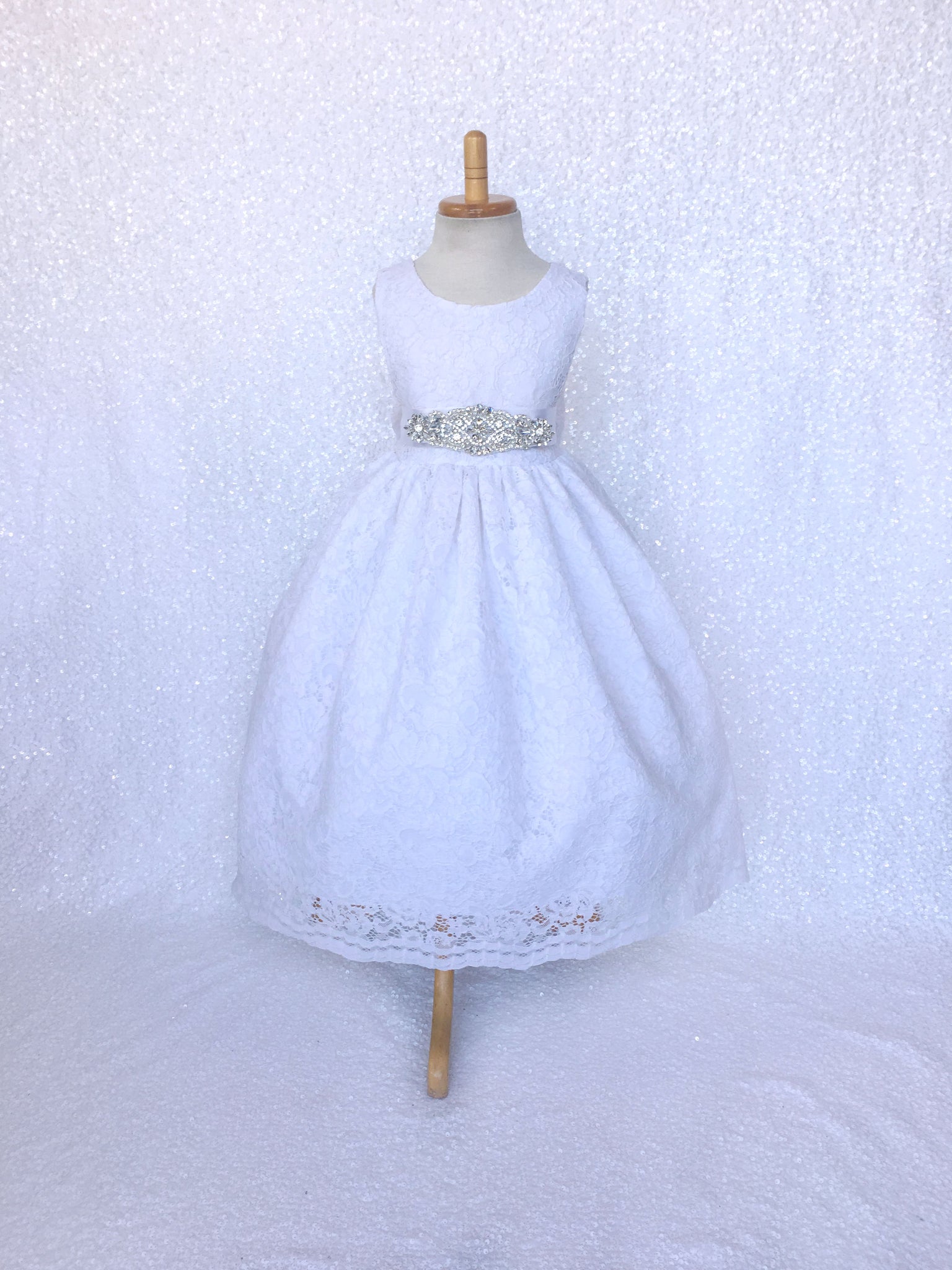 White French Lace V-Back Sleeveless Dress Rhinestone Sash Bow