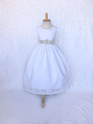 White French Lace V-Back Sleeveless Dress Rhinestone Sash Bow