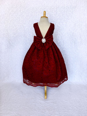 Burgundy French Lace V-Back Sleeveless Dress Bow Rhinestone White Sash