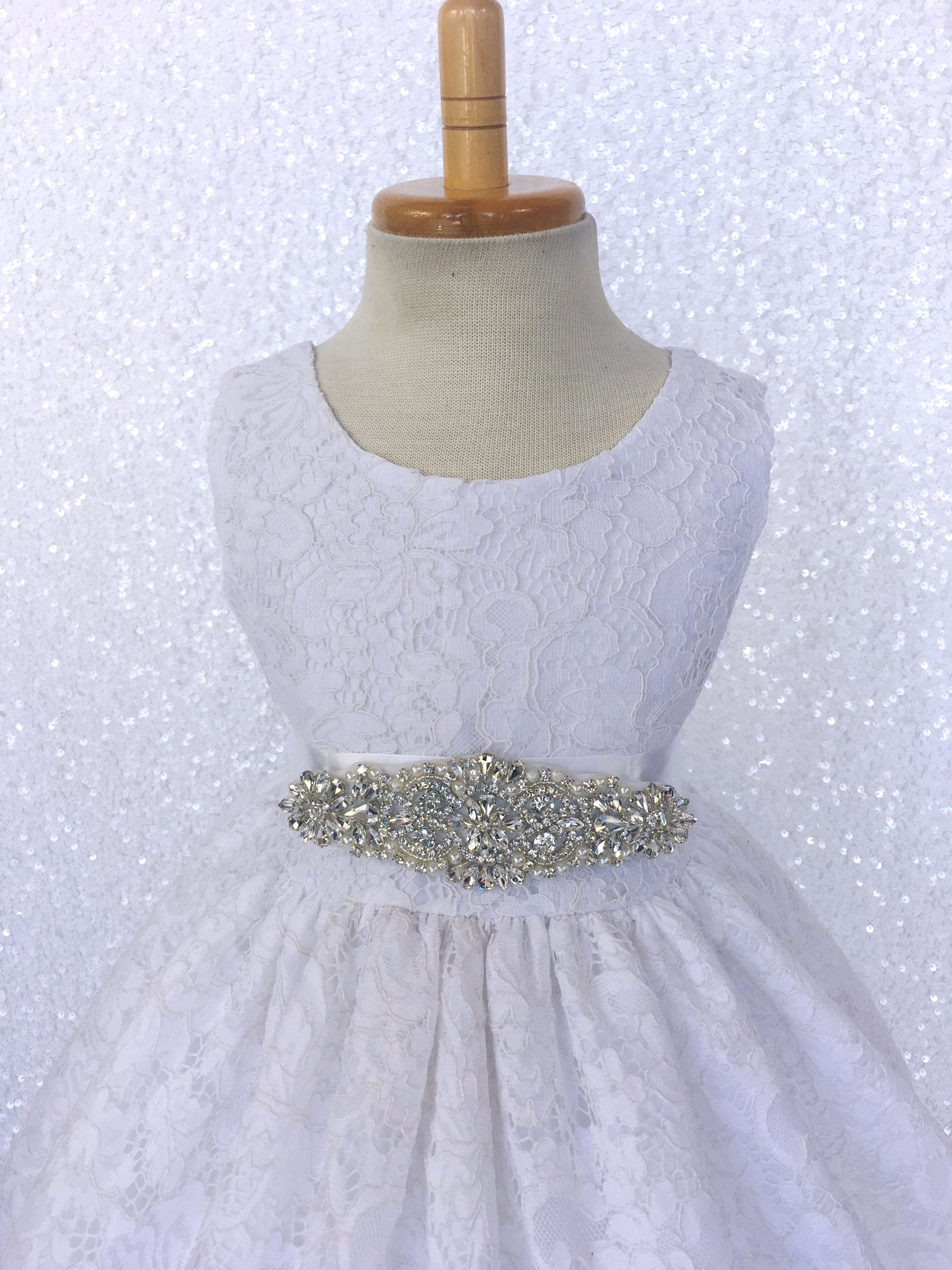 White French Lace V-Back Sleeveless Dress Rhinestone Sash Bow