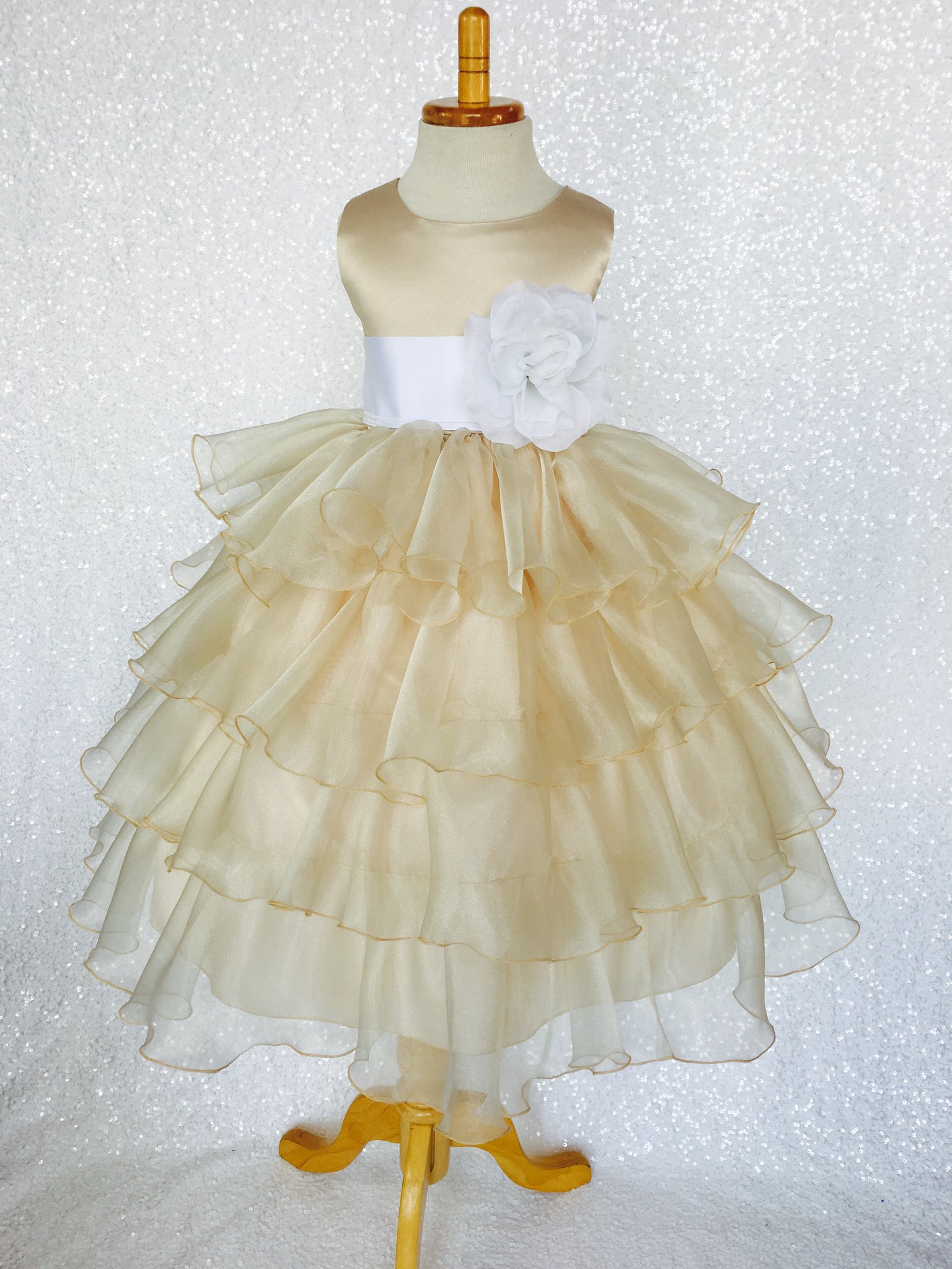 Champagne Sleeveless Satin Organza Ruffle Dress